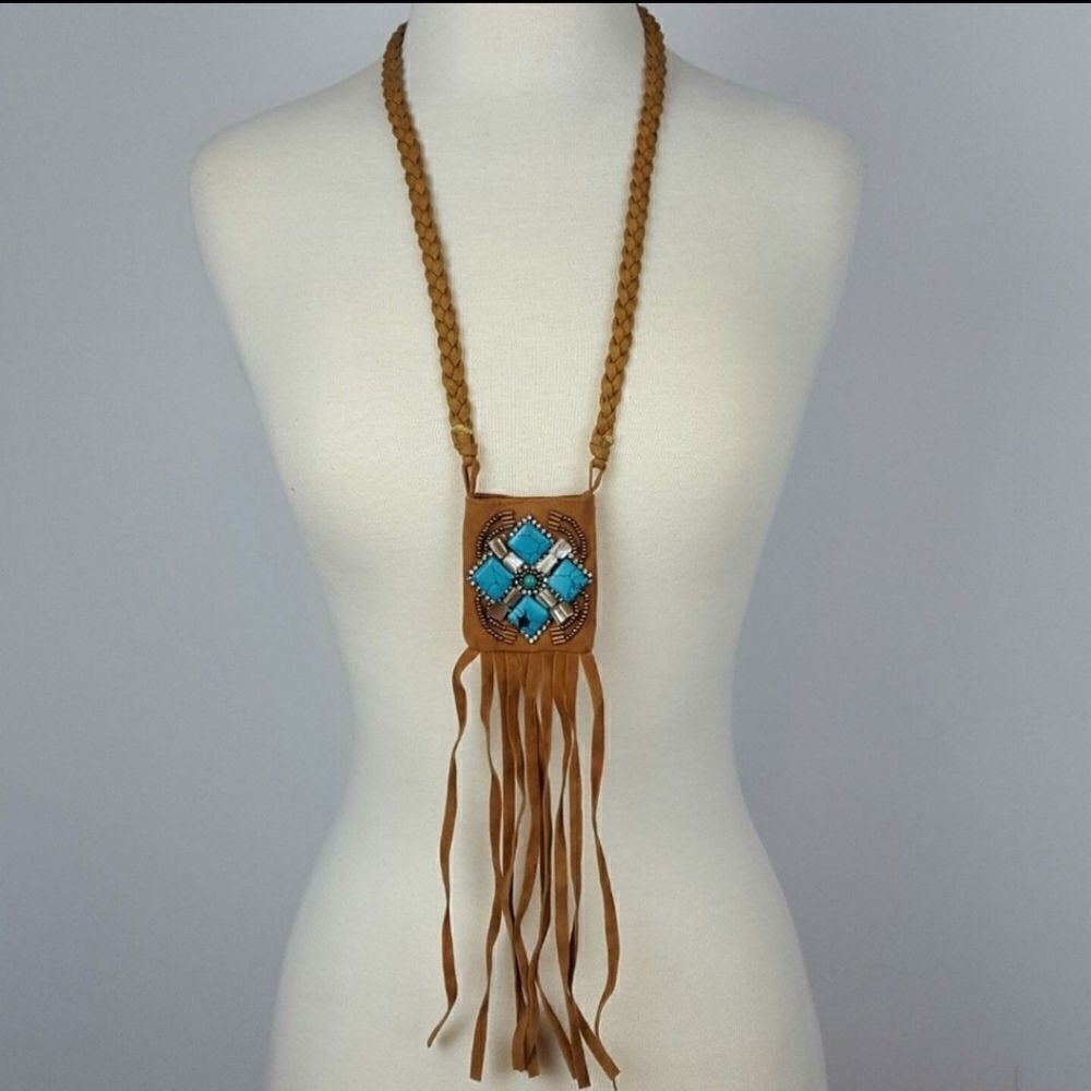 Women's Faux Suede Pocket Tan Necklace Small Pocket‎ - Picture 6 of 7